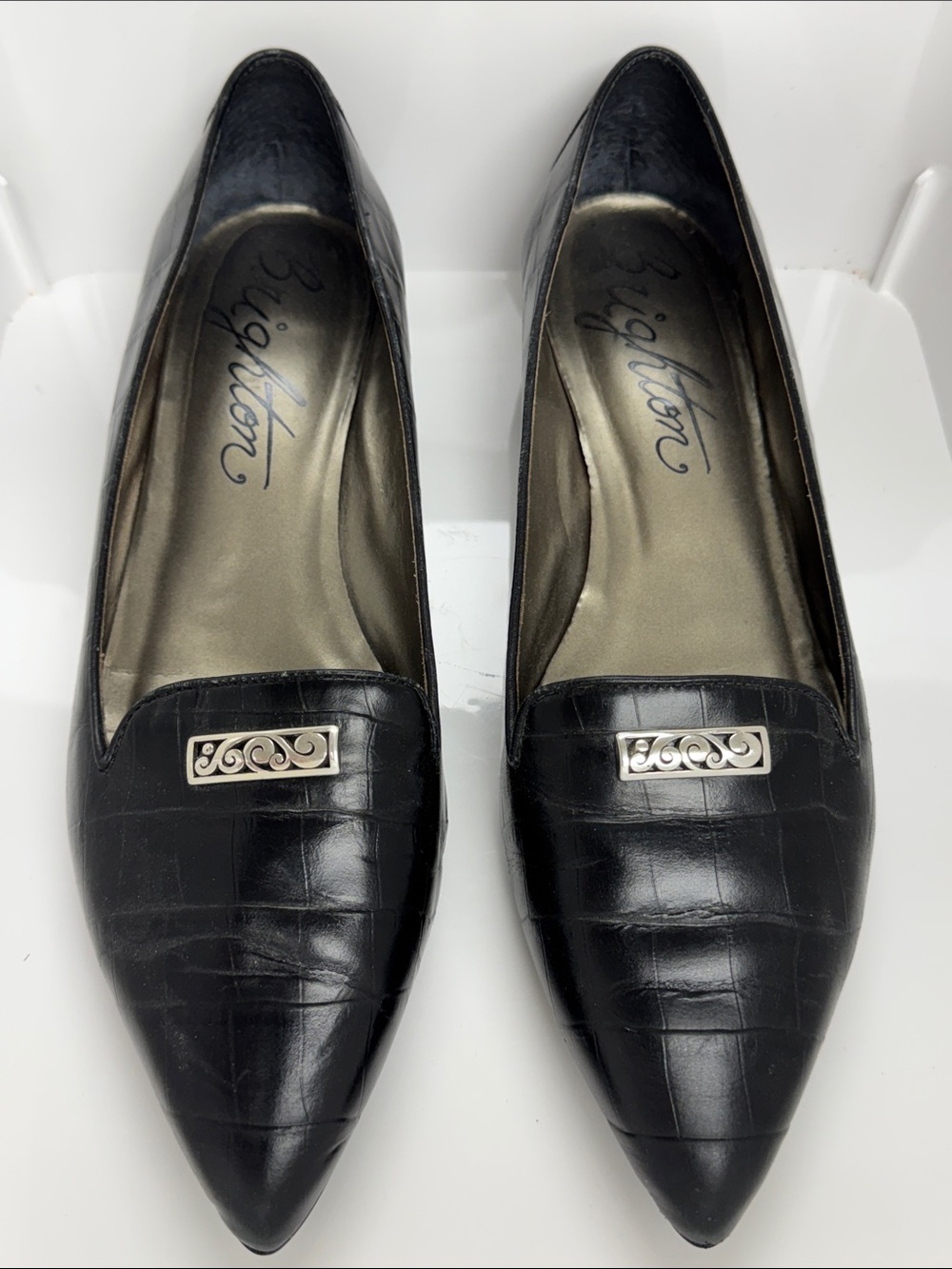 Brighton Black Croc-Embossed Pointed Toe Flats with Silver Accent